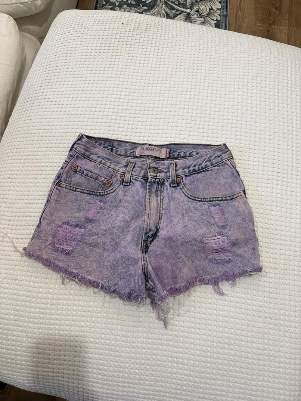 Wrangler Vintage Denim Cut off Shorts: Lilac Purple Distressed High Rise (30" Wa